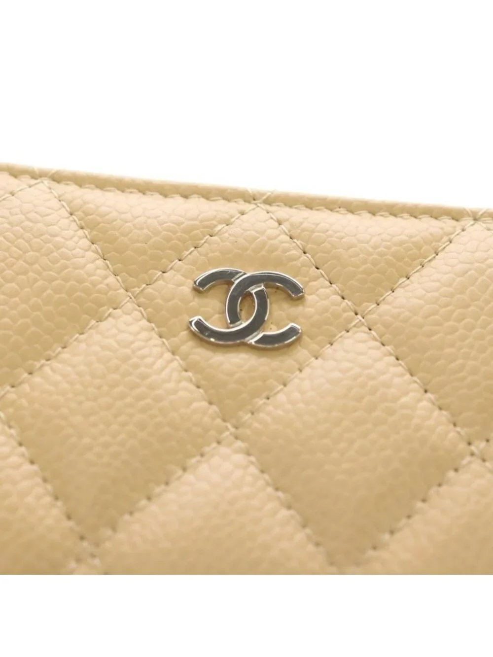 Chanel Quilted Classic Zip Coin Case Mini Wallet Beige Caviar Leather Silver
